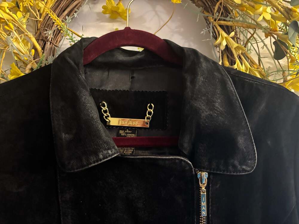 IMAN Global Chic Women's Black Suede Leather Asymmetrical Moto Jacket - Picture 2 of 5